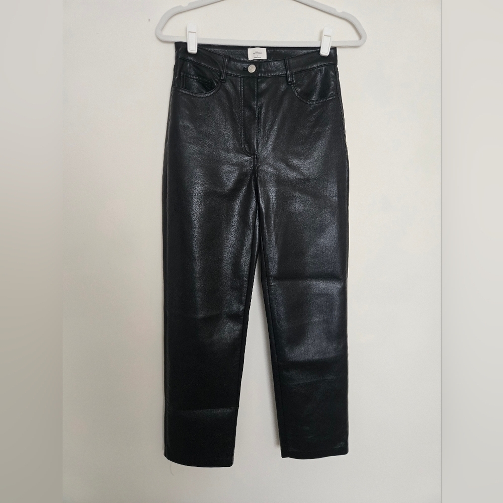 Wilfred Black Faux Leather Pants Strait Leg Button Front Aritzia Normcore | 2
